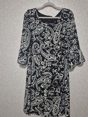 TALBOTS Black-White Floral 3/4 Sleeve Shift Dress..Size:14W-16W
